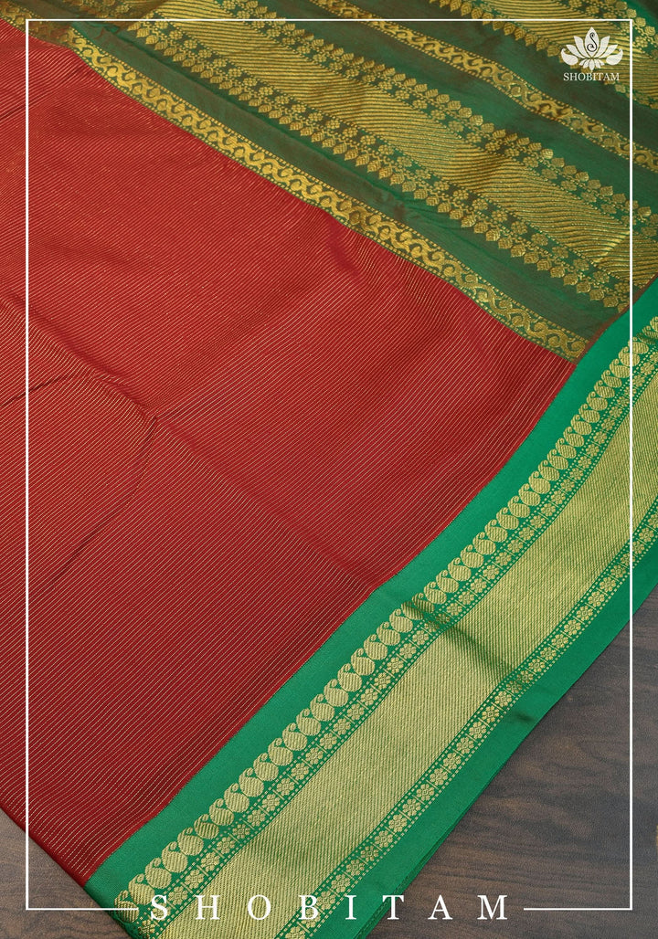 Green and Red Vairaoosi Cotton Silk Saree | Shobitam Saree