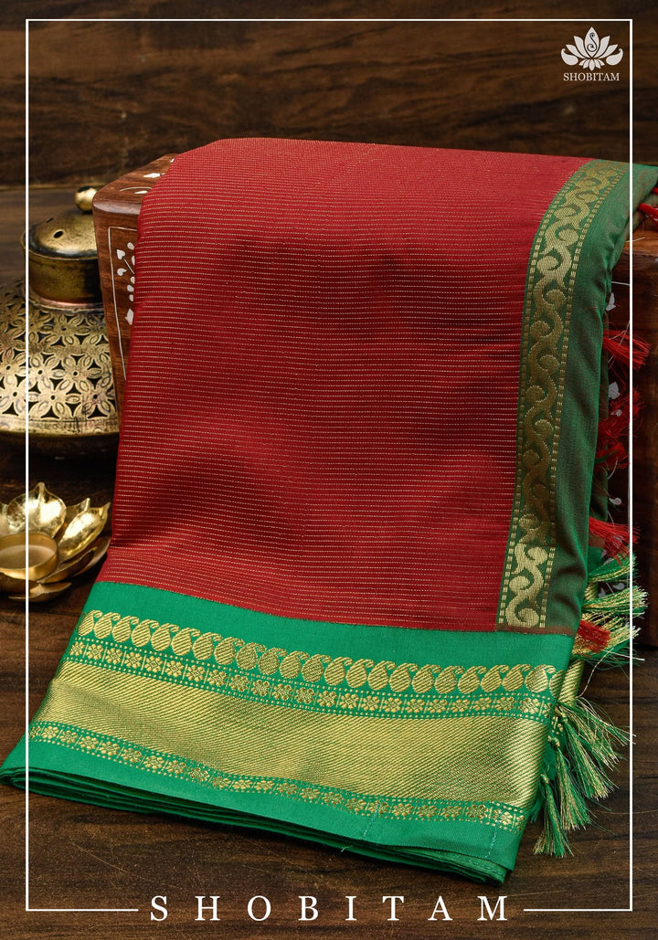 Green and Red Vairaoosi Cotton Silk Saree | Shobitam Saree