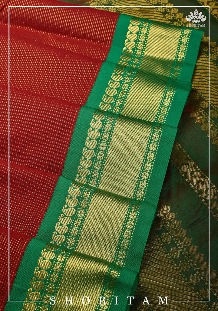 Green and Red Vairaoosi Cotton Silk Saree | Shobitam Saree
