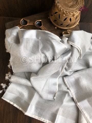 Silver and White Tissue Linen Saree | Shobitam Saree