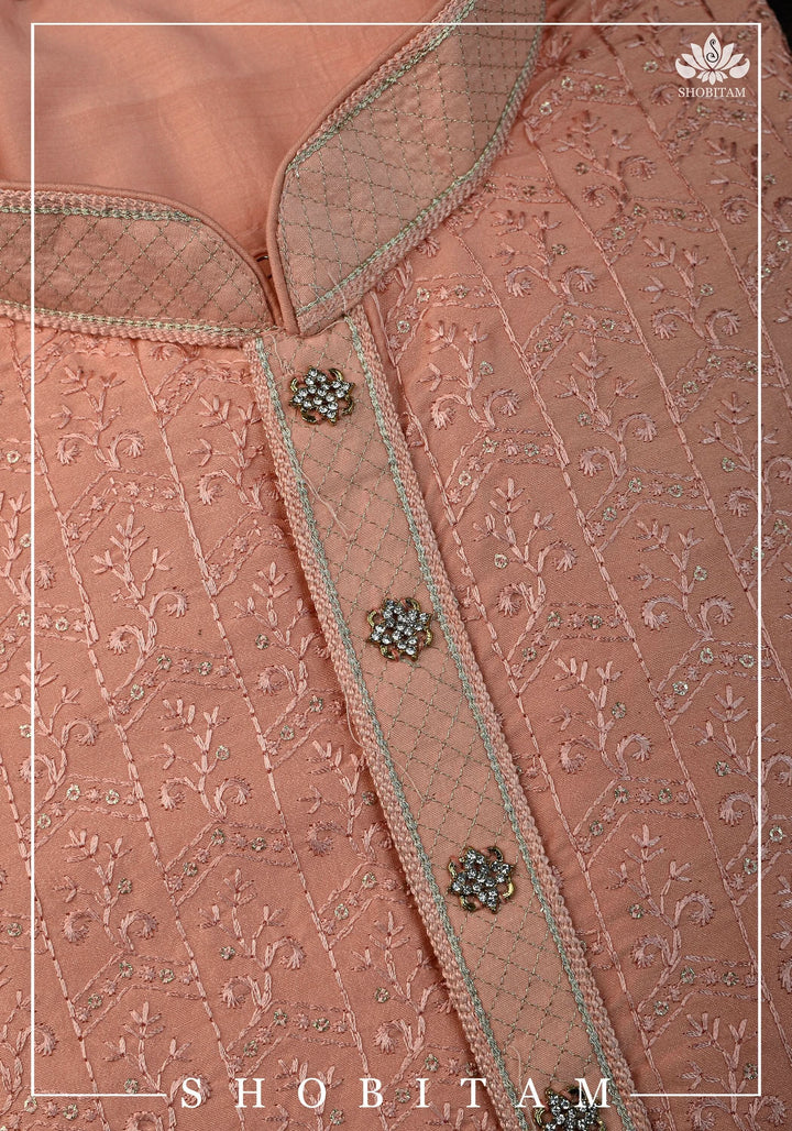 Peach Embroidered and sequin embellished Kurta Pajama Set for Men,  Multiple Size | Ethnic Menswear by Shobitam