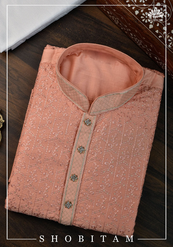 Peach Embroidered and sequin embellished Kurta Pajama Set for Men,  Multiple Size | Ethnic Menswear by Shobitam