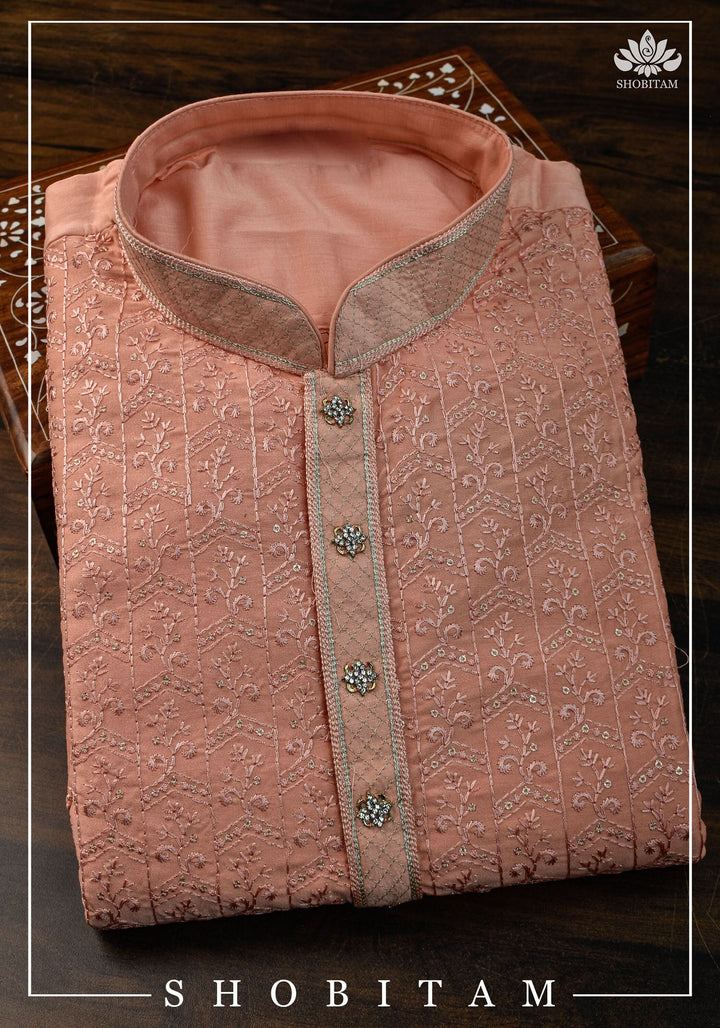 Peach Embroidered and sequin embellished Kurta Pajama Set for Men,  Multiple Size | Ethnic Menswear by Shobitam