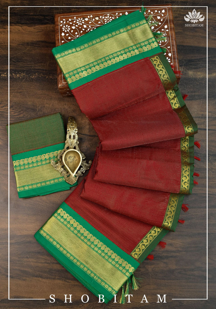 Green and Red Vairaoosi Cotton Silk Saree | Shobitam Saree