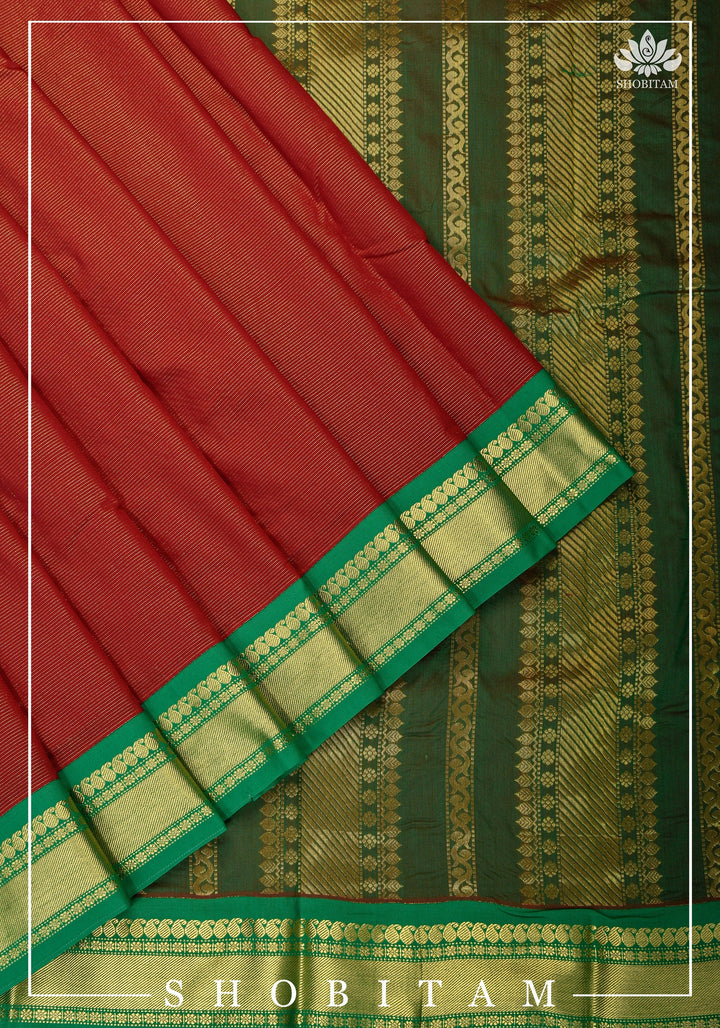 Green and Red Vairaoosi Cotton Silk Saree | Shobitam Saree