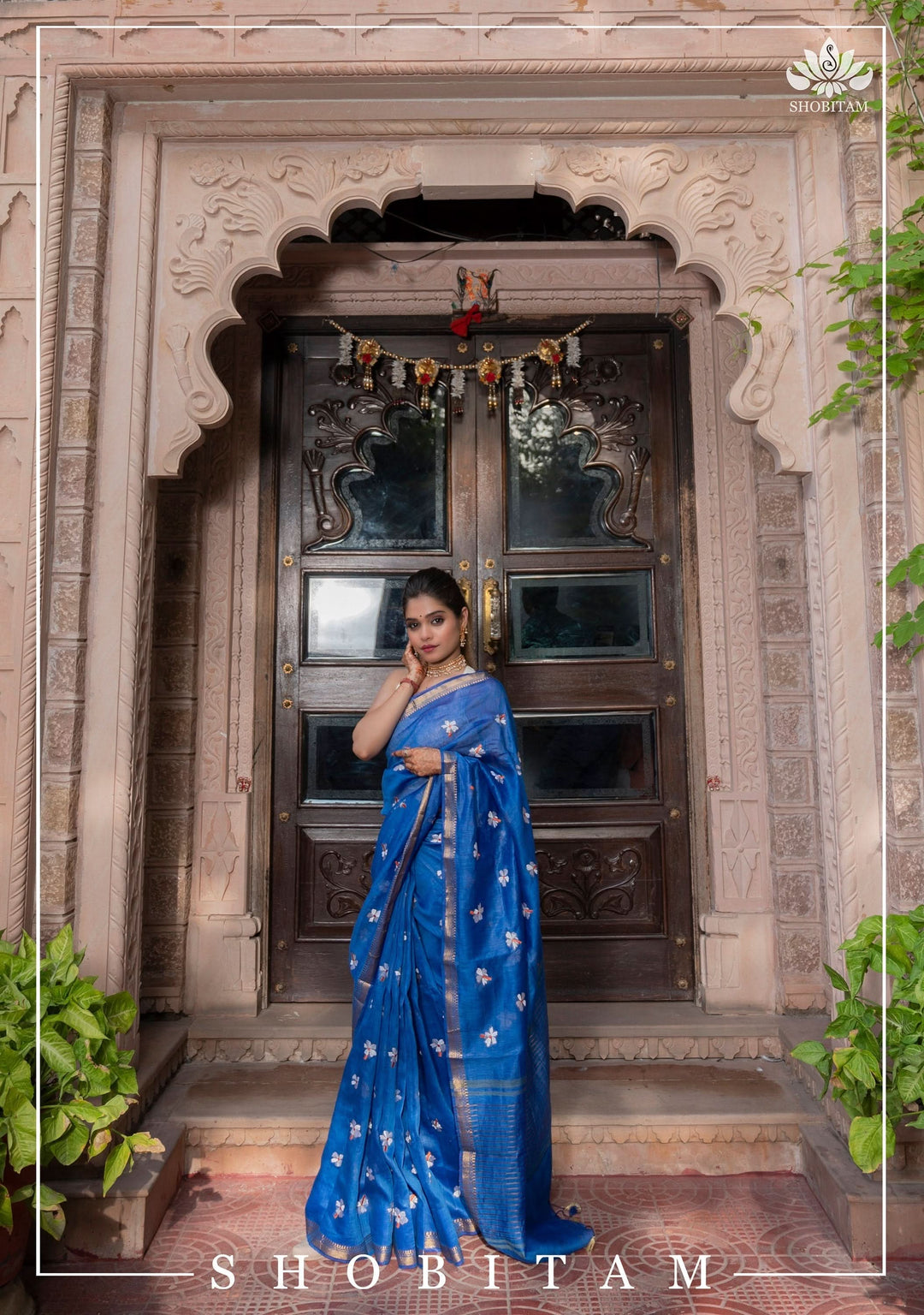 parijaat Blue Silk Linen Saree with Embroidery