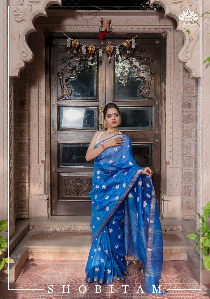parijaat Blue Silk Linen Saree with Embroidery