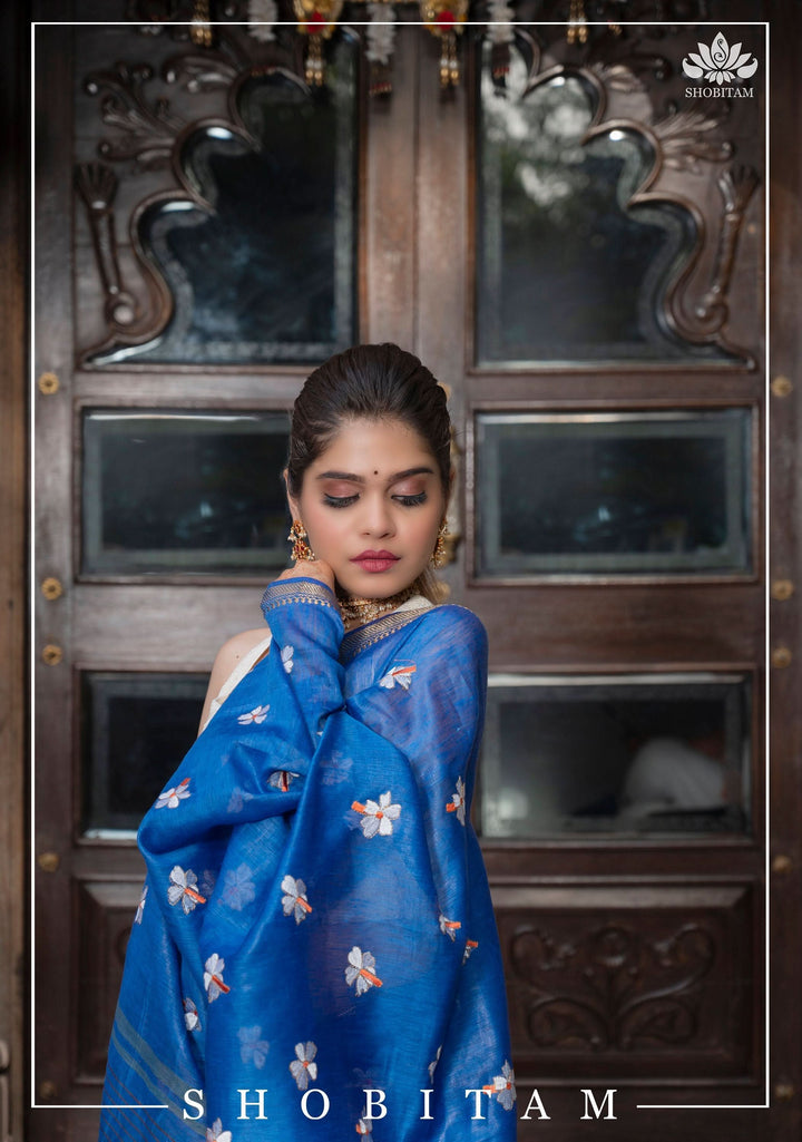 parijaat Blue Silk Linen Saree with Embroidery