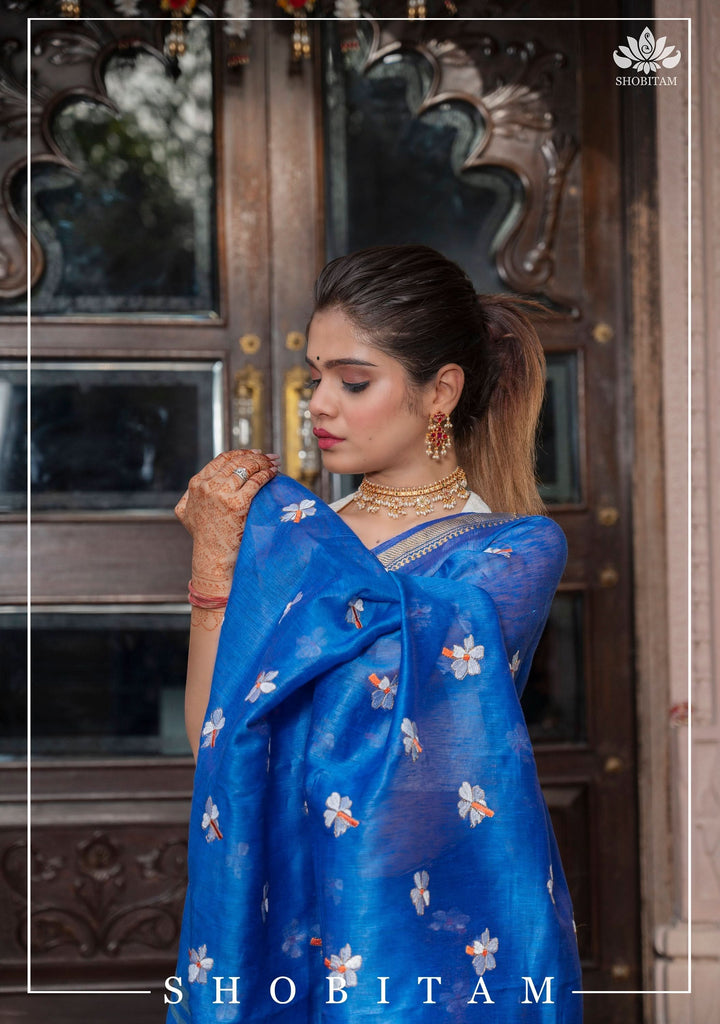 parijaat Blue Silk Linen Saree with Embroidery
