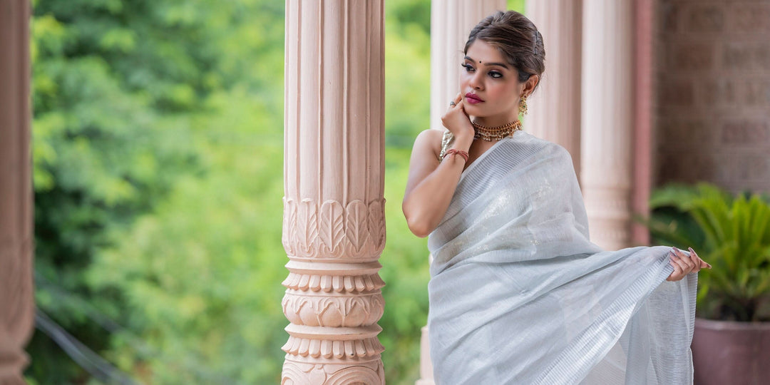 Silver and White Tissue Linen Saree | Shobitam Saree