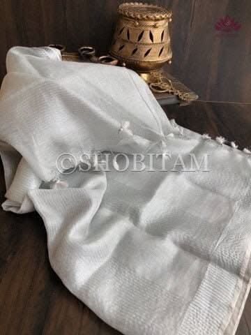 Silver and White Tissue Linen Saree | Shobitam Saree
