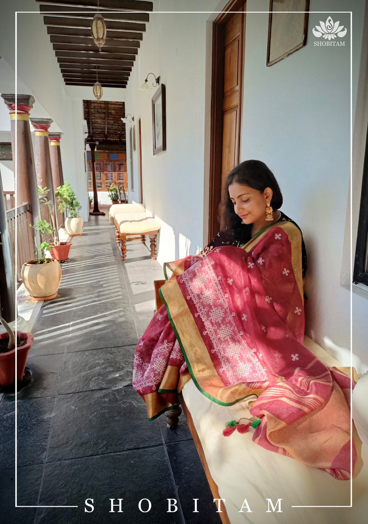 Rangoli Embroidered Border on Pure Linen by Linen Saree | Sarees by Shobitam