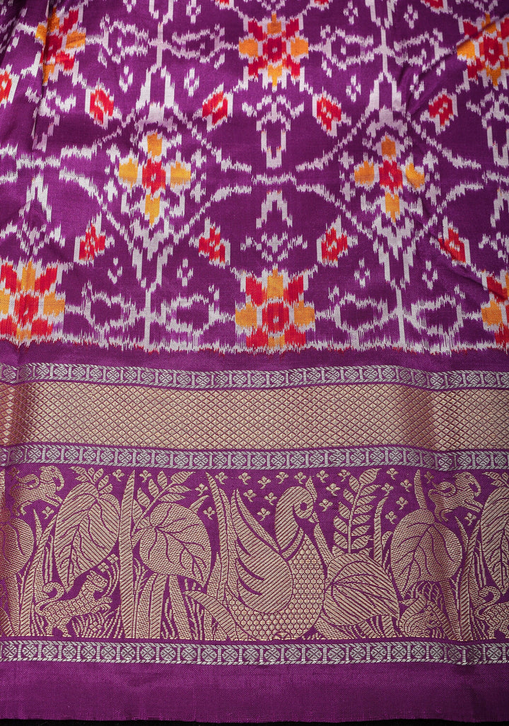 Equal Borders Stunning Ikkat Patola Kanjivaram Fusion Silk Saree with Panel design and zari border | SILK MARK CERTIFIED