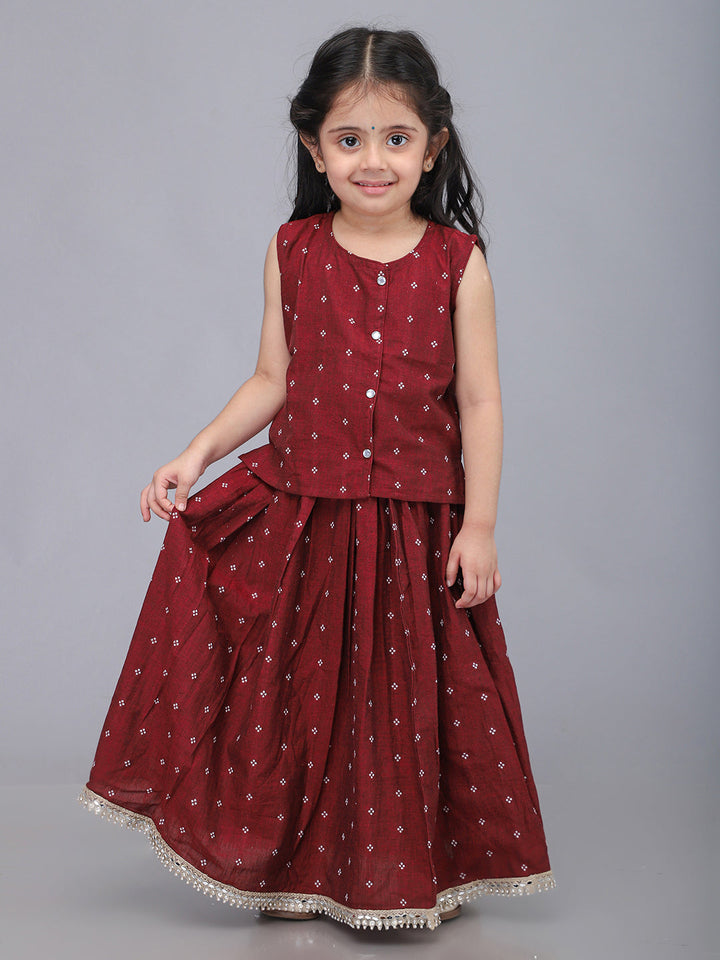 Handloom Cotton Infant Girls Lehenga Set - Maroon | SHOBITAM