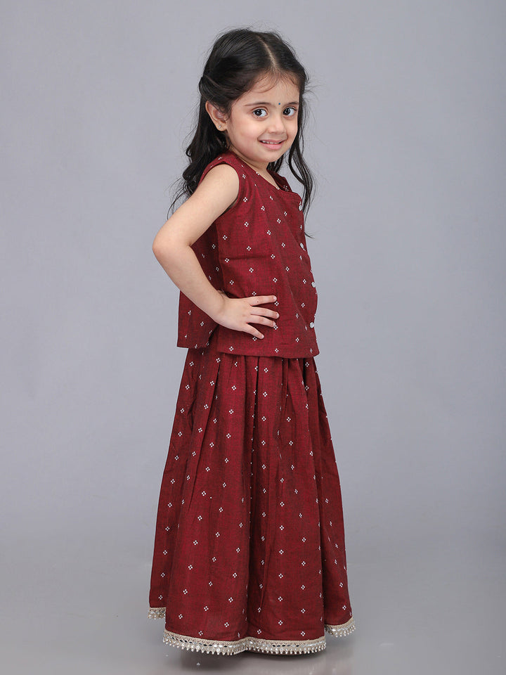 Handloom Cotton Infant Girls Lehenga Set - Maroon | SHOBITAM