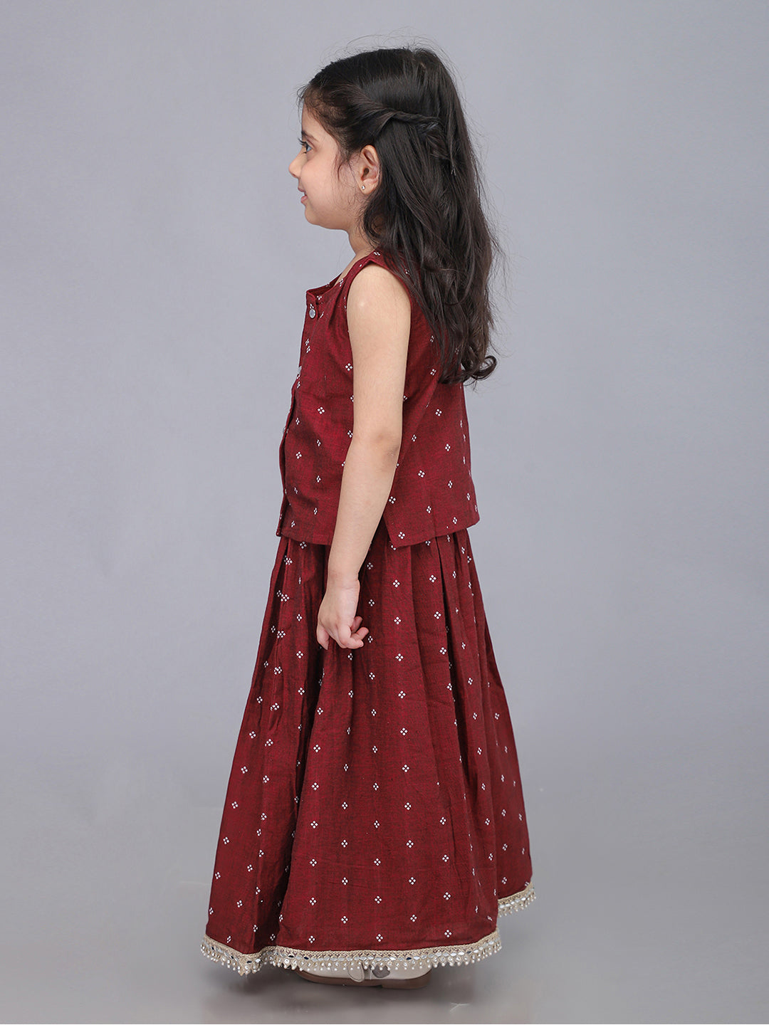 Handloom Cotton Infant Girls Lehenga Set - Maroon | SHOBITAM
