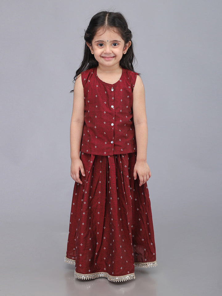 Handloom Cotton Infant Girls Lehenga Set - Maroon | SHOBITAM
