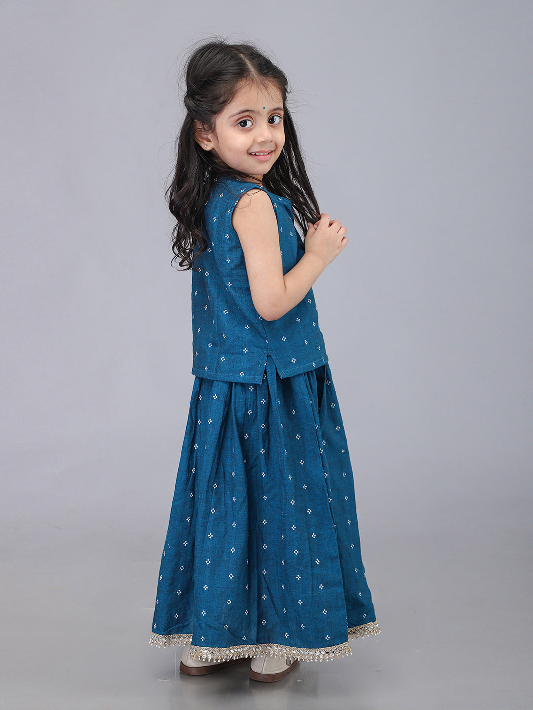 Handloom Cotton Infant Girls Lehenga Set - Blue | SHOBITAM