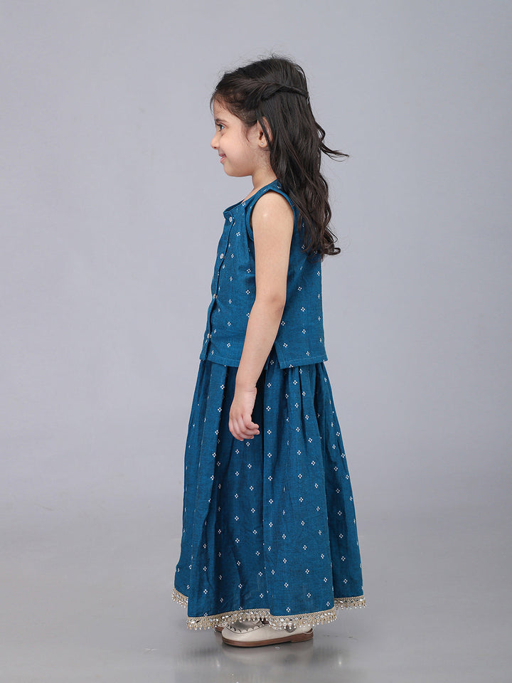 Handloom Cotton Infant Girls Lehenga Set - Blue | SHOBITAM