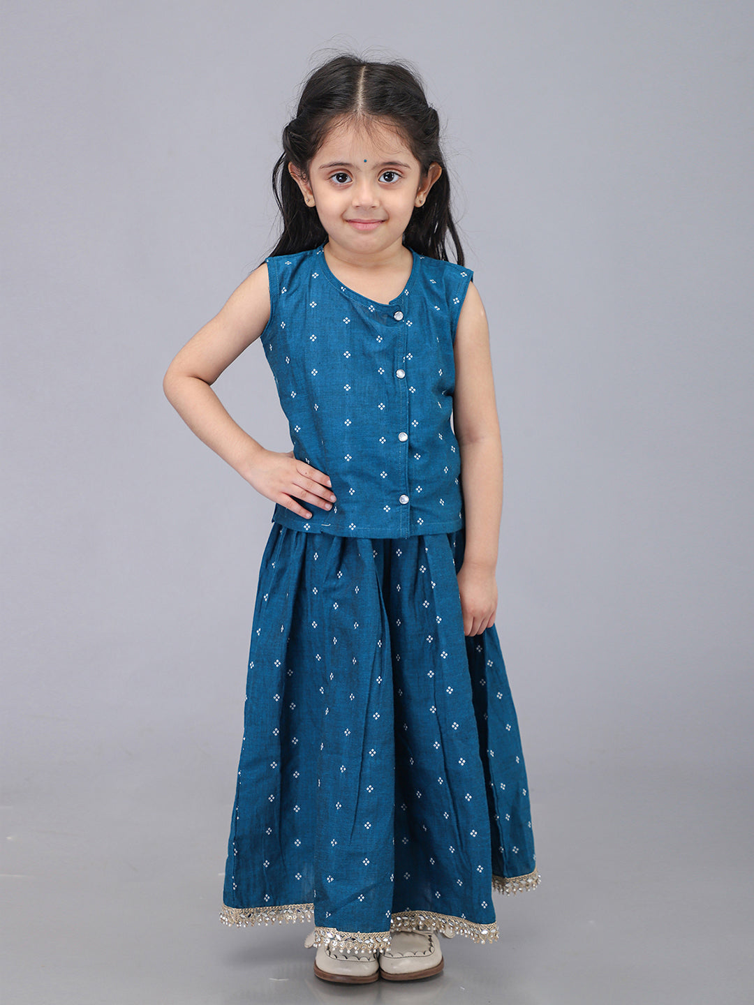 Handloom Cotton Infant Girls Lehenga Set - Blue | SHOBITAM