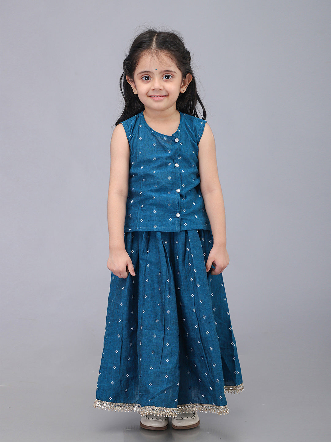 Handloom Cotton Infant Girls Lehenga Set - Blue | SHOBITAM