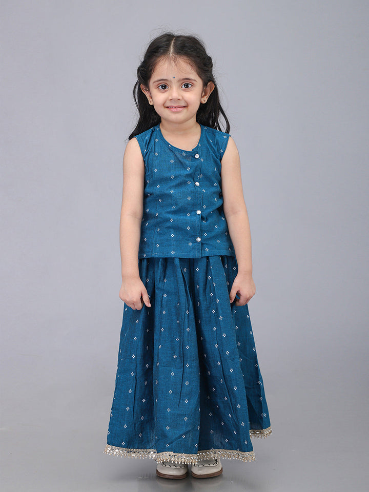 Handloom Cotton Infant Girls Lehenga Set - Blue | SHOBITAM