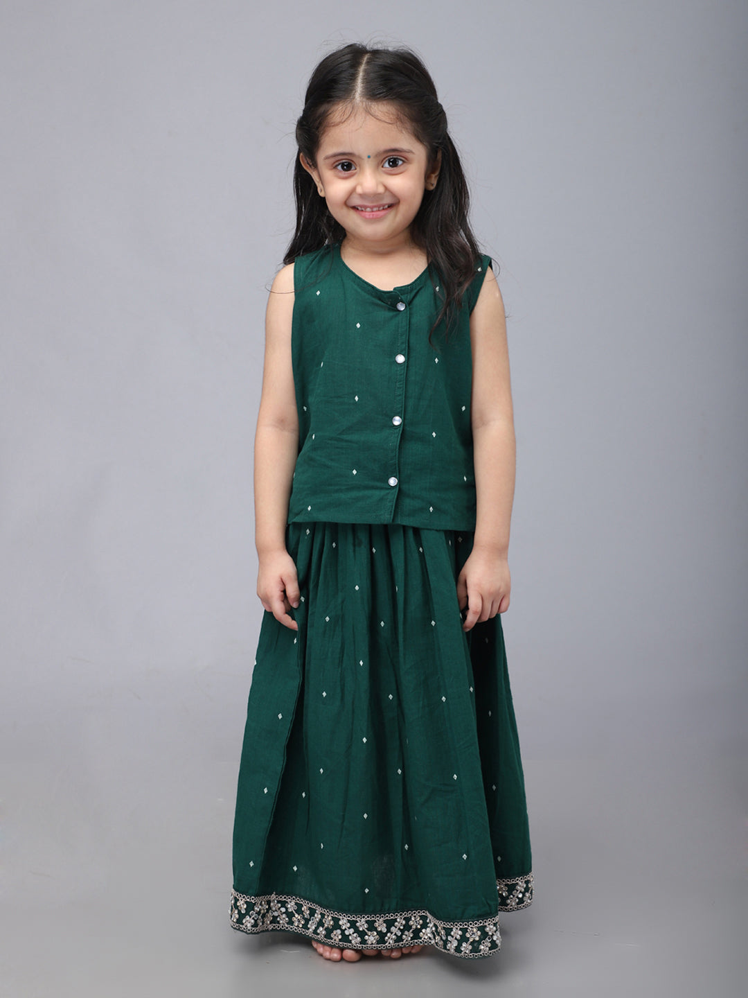 Handloom Cotton Infant Girls Lehenga Set - Green | SHOBITAM