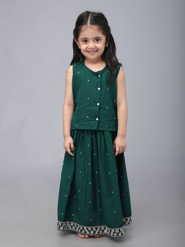 Handloom Cotton Infant Girls Lehenga Set - Green | SHOBITAM