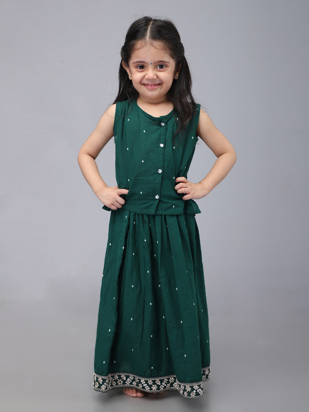 Handloom Cotton Infant Girls Lehenga Set - Green | SHOBITAM