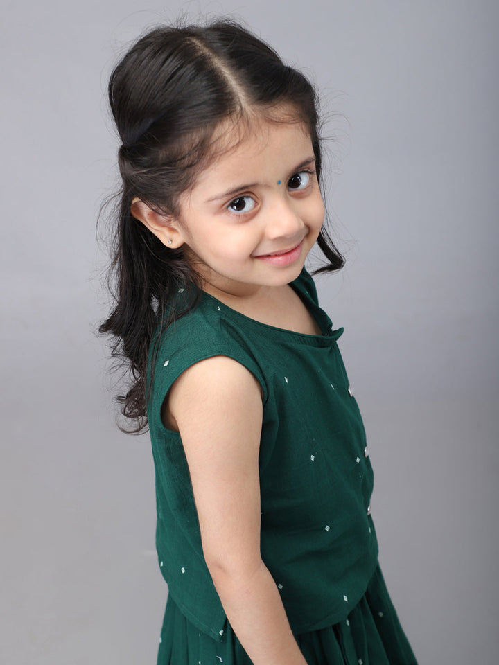 Handloom Cotton Infant Girls Lehenga Set - Green | SHOBITAM