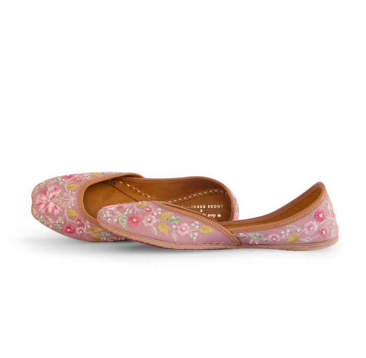 SIA : Pastels and Pop X Anushree Reddy Pastel Onion Pink Floral Embroidered Punjabi Juttis | SHOBITAM