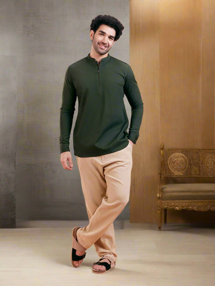 Olive Green Denim Short Kurta | SHOBITAM