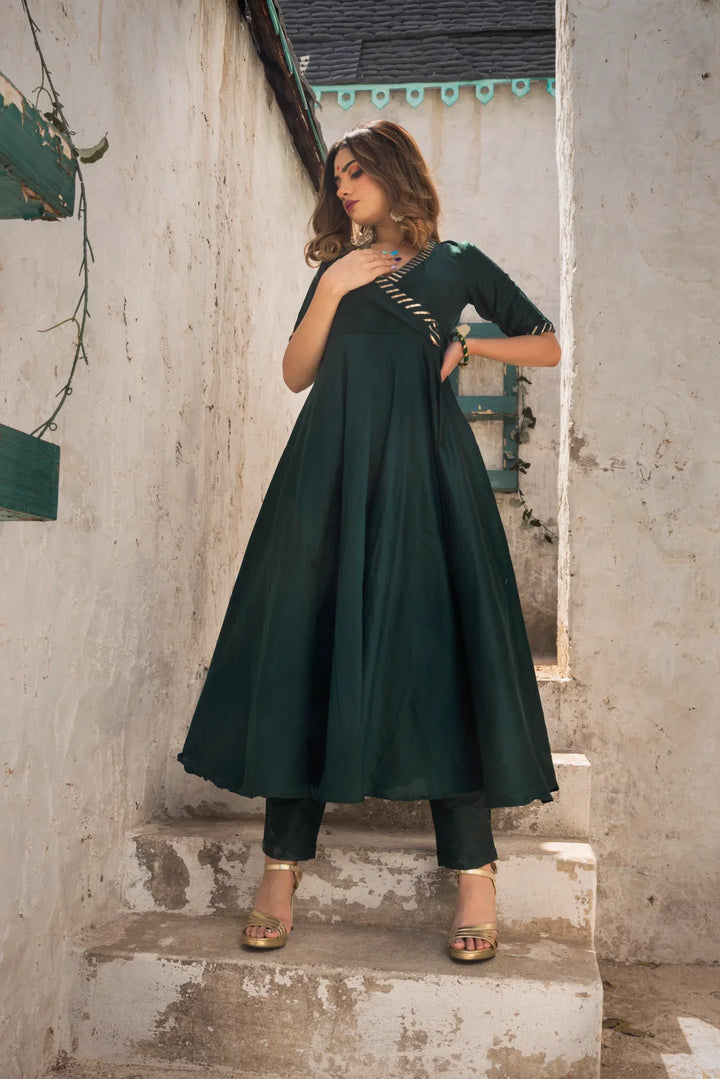 POPPY GREEN PURE COTTON SILK ANGRAKHA SET | SHOBITAM