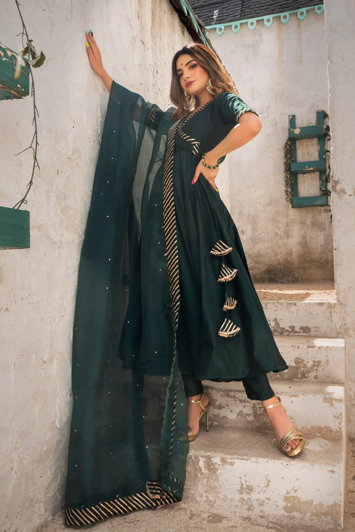 POPPY GREEN PURE COTTON SILK ANGRAKHA SET | SHOBITAM