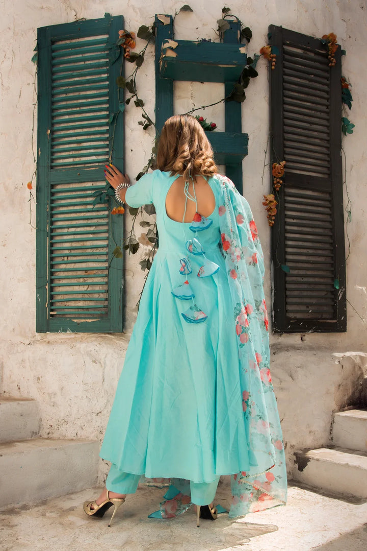 BLUE BERRY PURE COTTON ANARKALI SET WITH ORGANZA DUPATTA | SHOBITAM