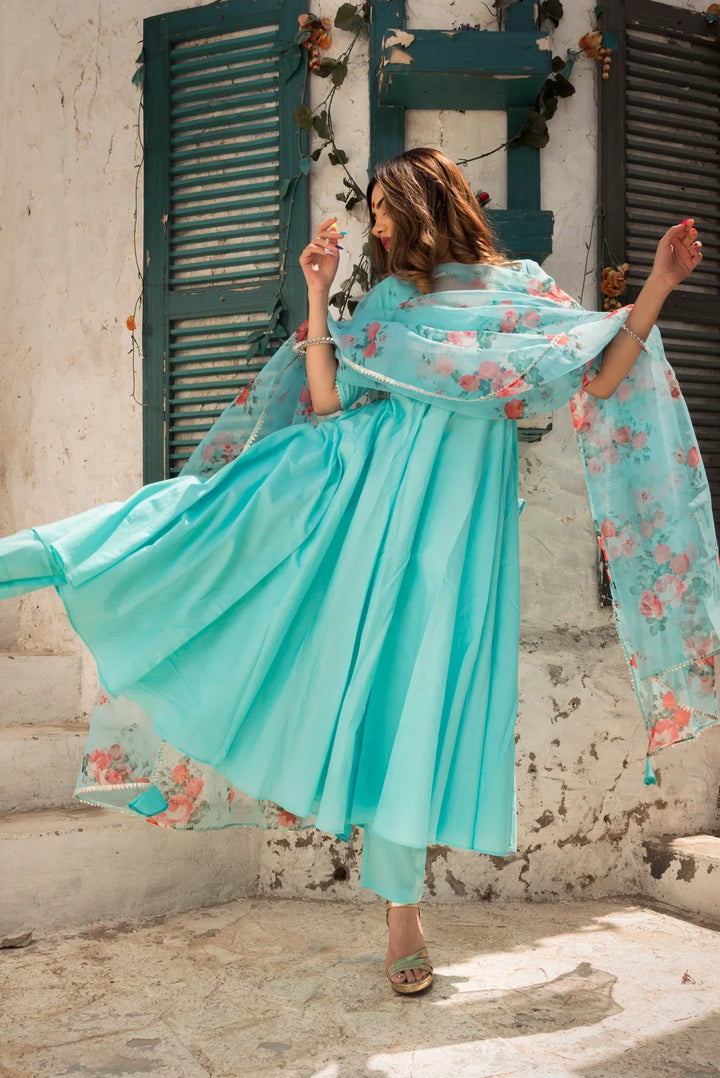 BLUE BERRY PURE COTTON ANARKALI SET WITH ORGANZA DUPATTA | SHOBITAM