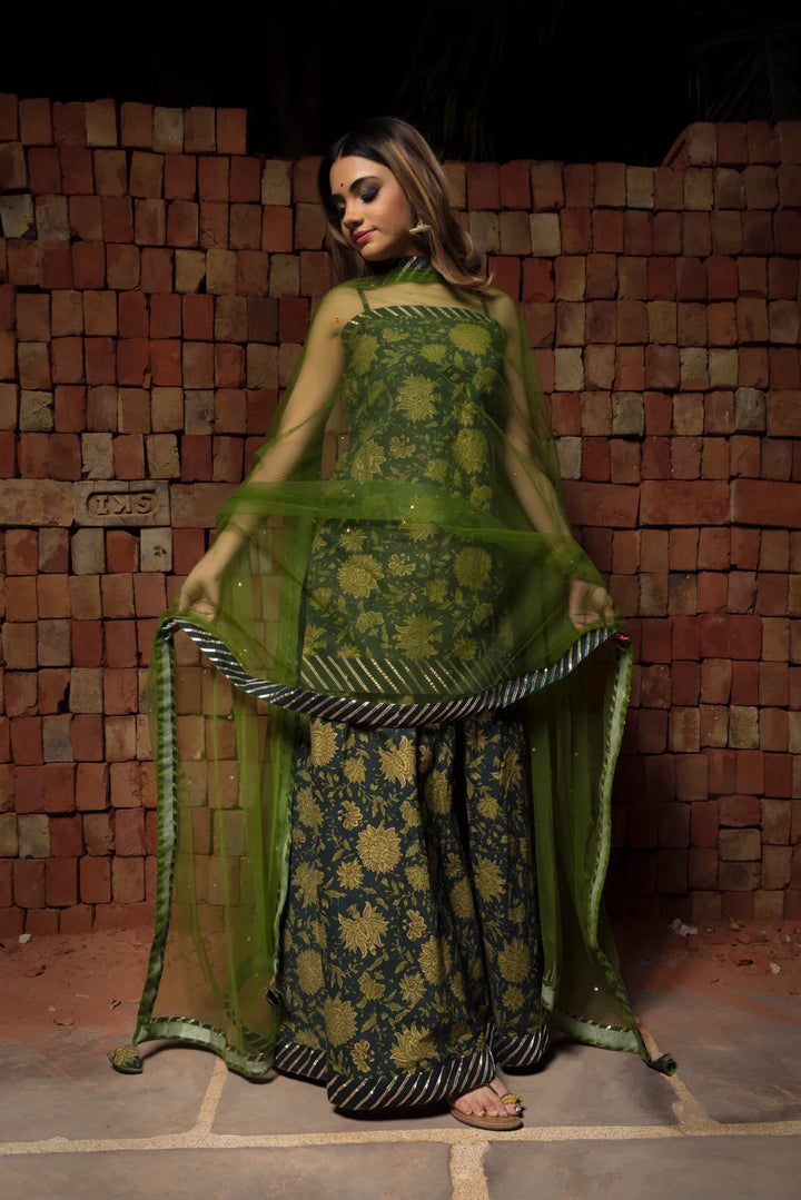 ORCHID GREEN HAND BLOCK PURE COTTON SUIT SET | SHOBITAM