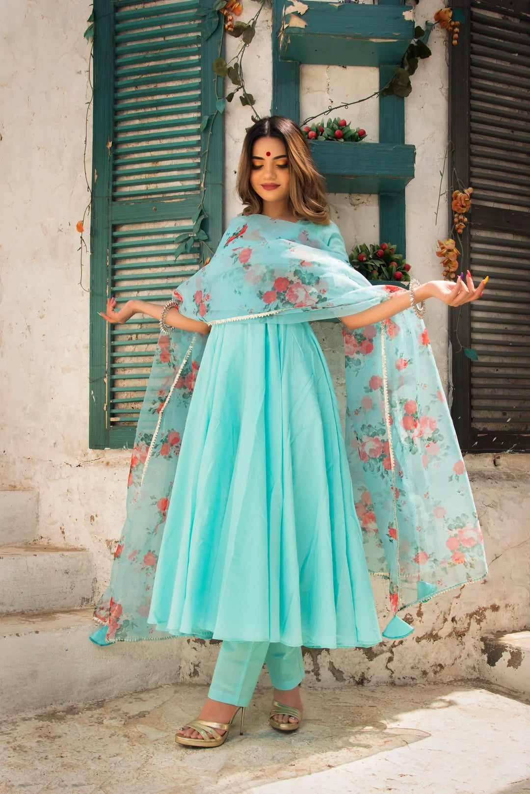 BLUE BERRY PURE COTTON ANARKALI SET WITH ORGANZA DUPATTA | SHOBITAM