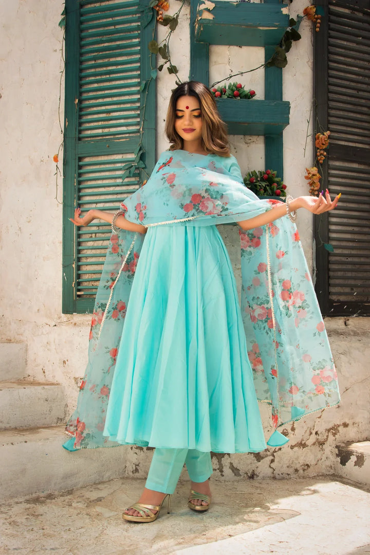 BLUE BERRY PURE COTTON ANARKALI SET WITH ORGANZA DUPATTA | SHOBITAM