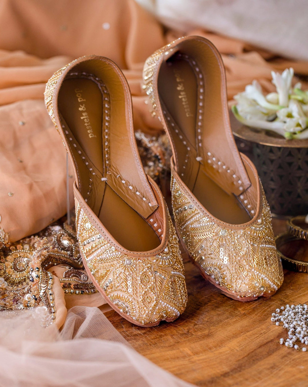 ZURI Celebration Hand-Embroidered Gold Zardosi Bridal Jutti | SHOBITAM