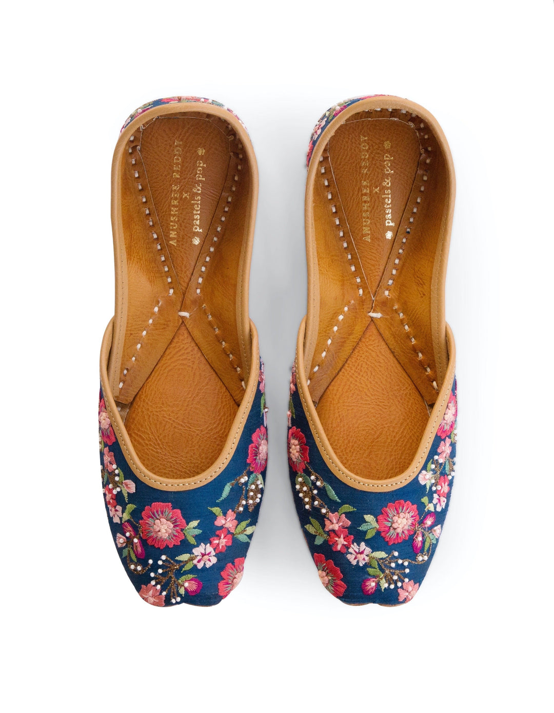 LAYLA : Pastels and Pop X Anushree Reddy Royal Blue Floral Embroidered Punjabi Juttis | SHOBITAM
