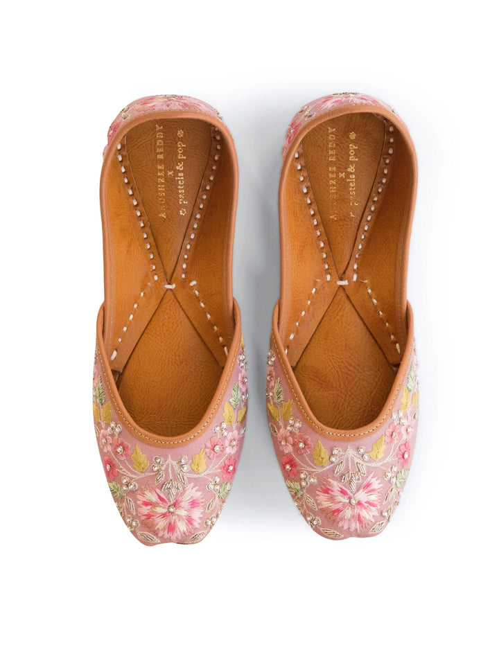 SIA : Pastels and Pop X Anushree Reddy Pastel Onion Pink Floral Embroidered Punjabi Juttis | SHOBITAM
