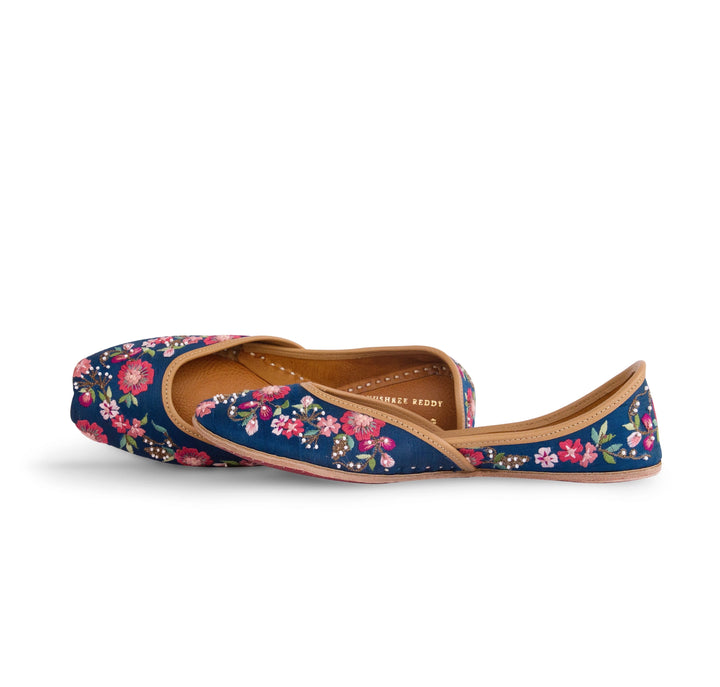 LAYLA : Pastels and Pop X Anushree Reddy Royal Blue Floral Embroidered Punjabi Juttis | SHOBITAM