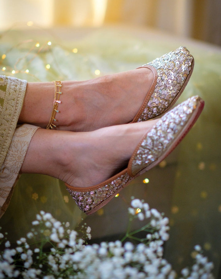 CELEBRATION : Pastels and Pop X Anushree Reddy Metallic Silver Sequin Punjabi Juttis