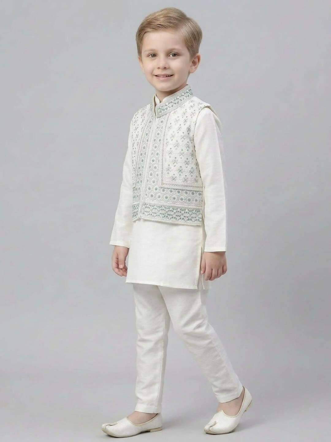 Boys Embroidered White & Grey Kurta Pajama Set with Ethnic Jacket | SHOBITAM
