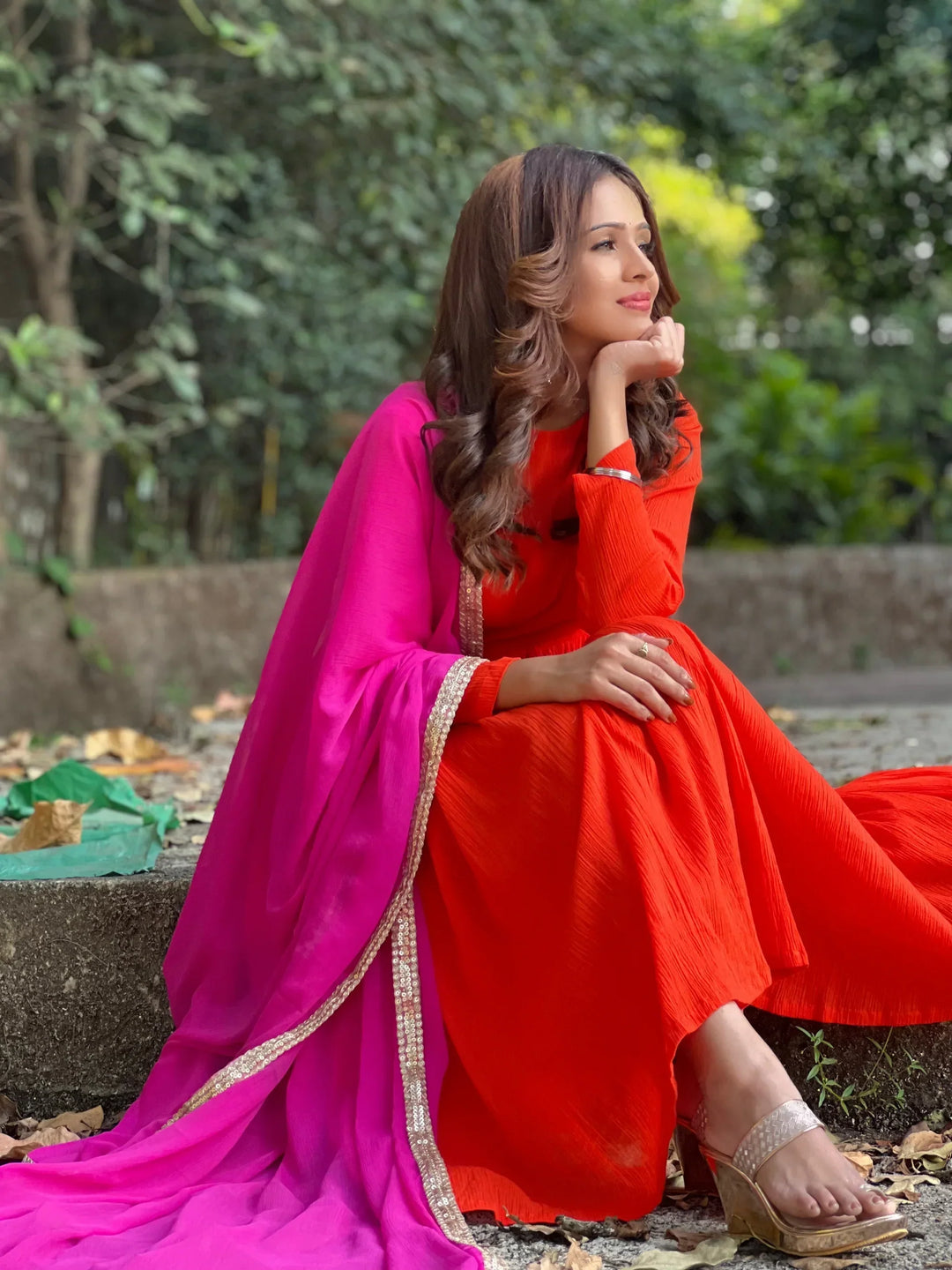 Orange Crinkle Anarkali Kurta Pant Dupatta Set | SHOBITAM