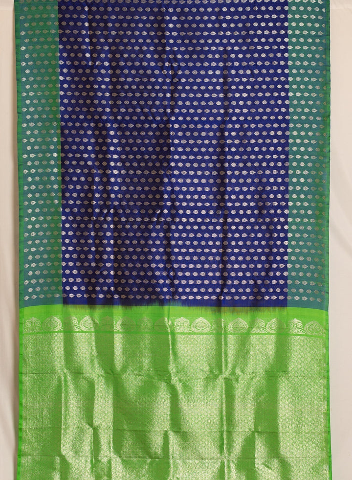 Ink Blue With Green Borderless Venkatatgiri Silk Saree Arabhi | SILK MARK CERTIFIED | SHOBITAM