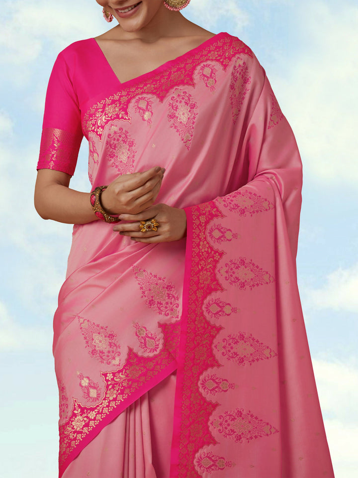 Light Pink Semi Banarasi Silk Blend Saree with Zari Woven Work | SHOBITAM