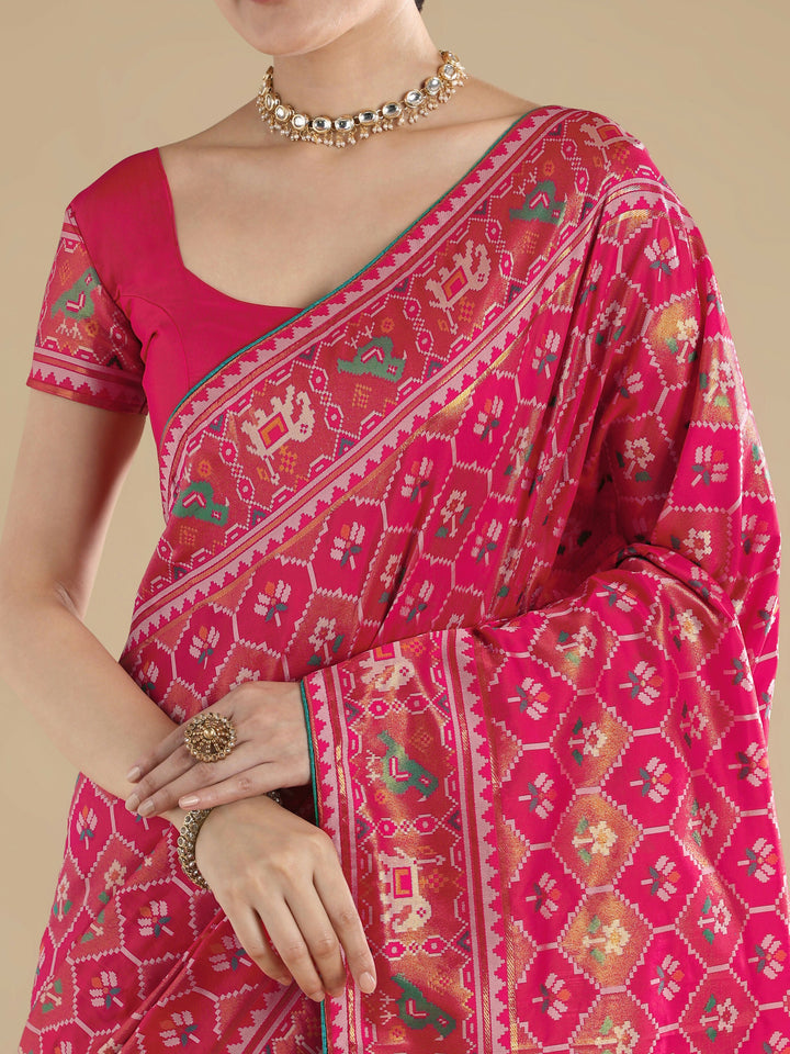 Rani Pink Semi Banarasi Satin Silk Saree With Patola Work | SHOBITAM