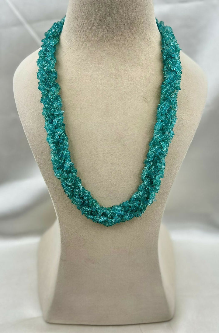 Raw Ocean Blue Apatite Woven Chip Bead Statement Necklace | SHOBITAM
